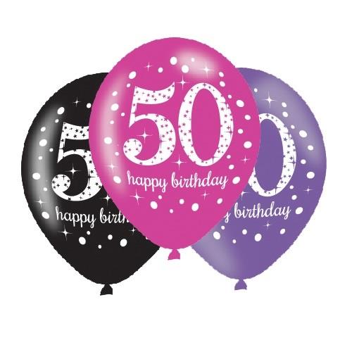 Pink Sparkle 50th Birthday Latex Party Balloons Pack of 6 | Party Save Smile