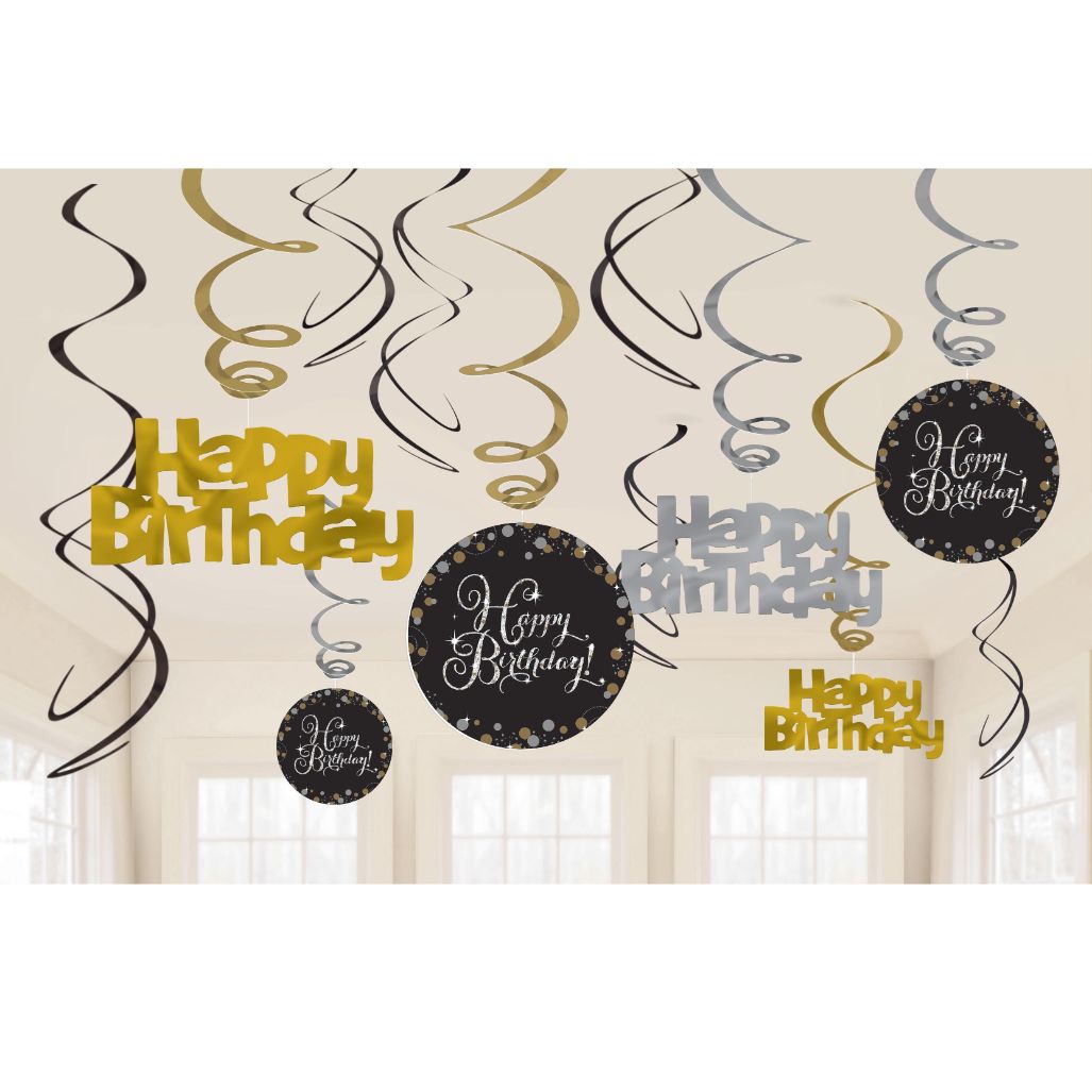 Gold Sparkling Happy Birthday Hanging Decorations Pack of 12 | Party Save Smile