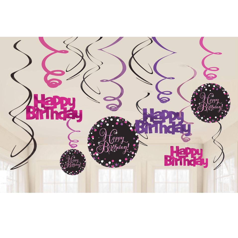 Pink Sparkling Happy Birthday Hanging Decorations Pack of 12 | Party Save Smile