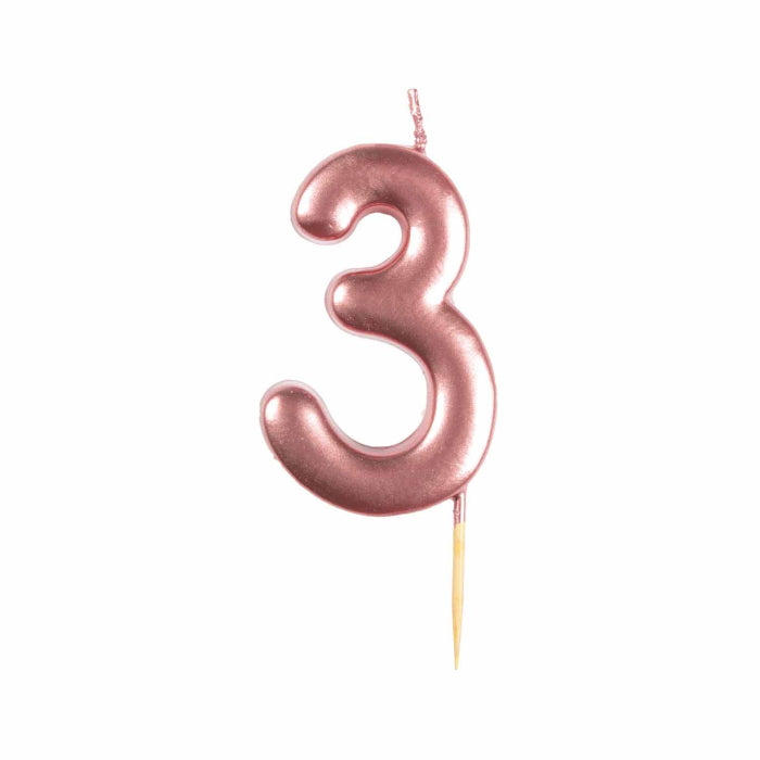 Metallic Rose Gold Number 3 Cake Candle | Party Save Smile
