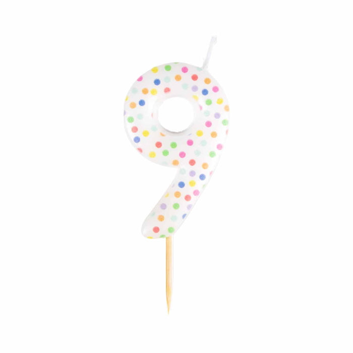 Rainbow Polka Dot Number 9 Cake Candle 6cm | Party Save Smile