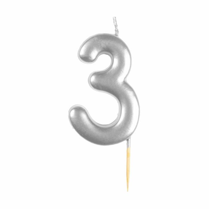 Silver Metallic Number 3 Cake Candle | Party Save Smile