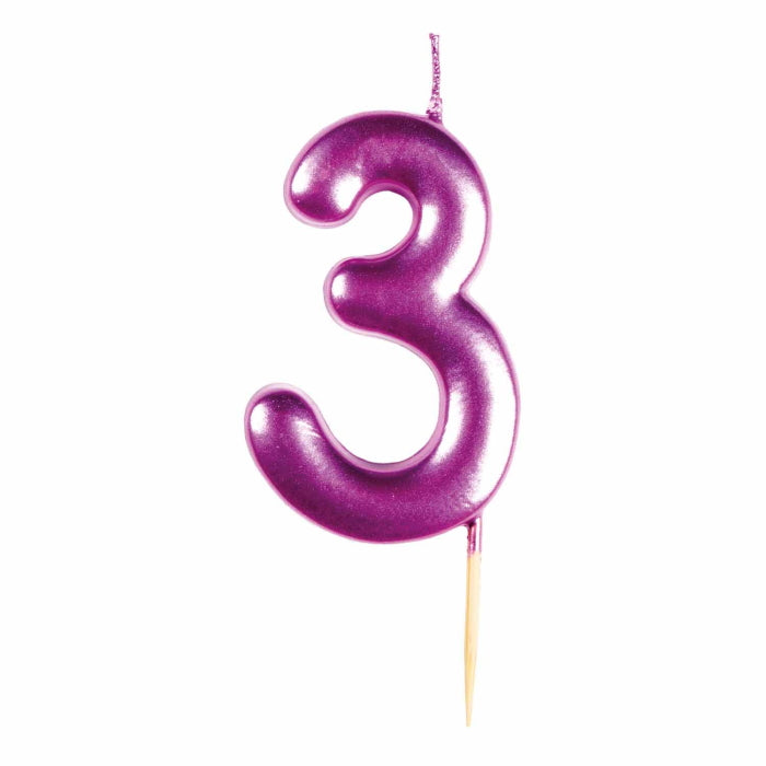 Pink Metallic Number 3 Cake Candle | Party Save Smile