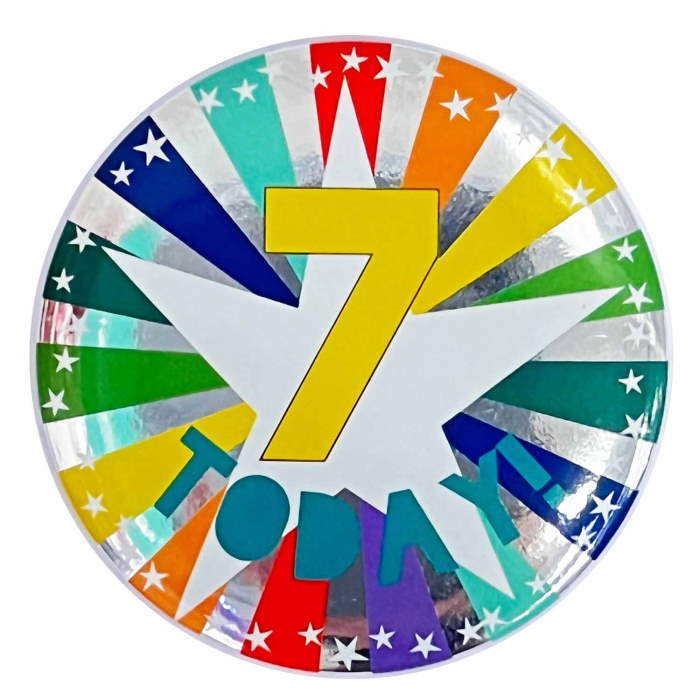 7 Today Birthday Party Badge: 7th Birthday Party Badge 6cm | Party Save Smile