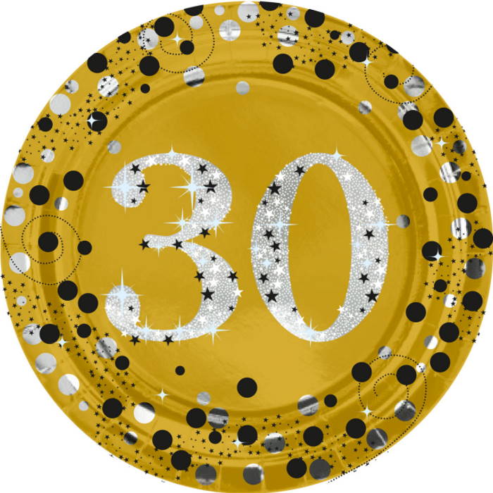 Gold Sparkling 30th Birthday Plates 23cm Pack of 8 | Party Save Smile