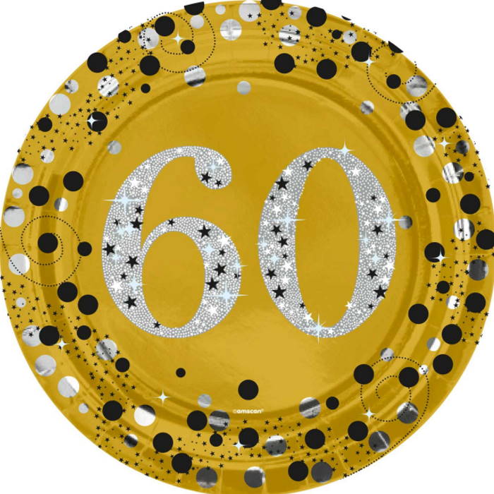 Gold Sparkling 60th Birthday Plates 23cm Pack of 8 | Party Save Smile