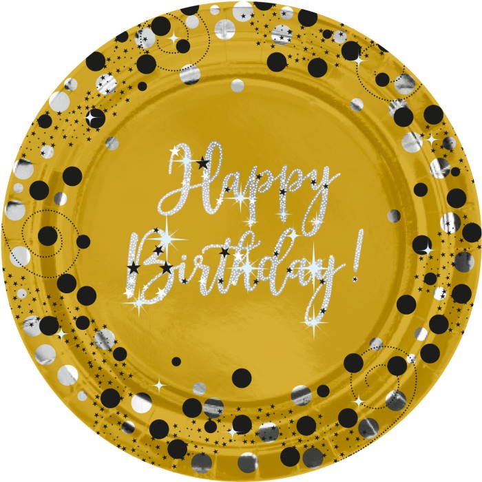Gold Sparkling Happy Birthday Plates 23cm Pack of 8 | Party Save Smile