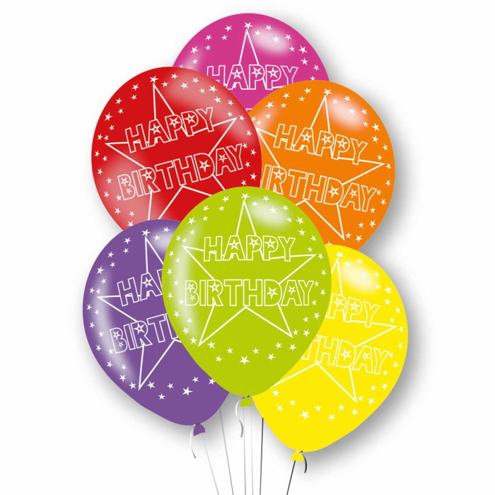Happy Birthday Stars Colourful Mix Latex Balloons 6 Pack | Party Save Smile