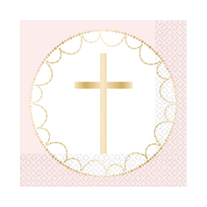 Pink Botanical First Communion Napkins Pack of 16 | Party Save Smile
