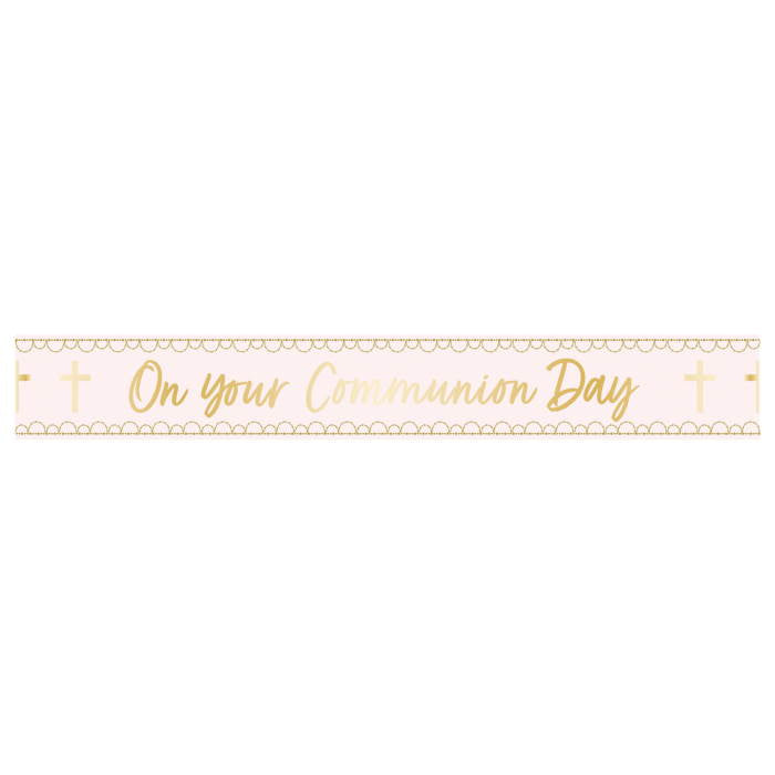 Pink Botanical First Communion Foil Banner 2.7 Metres | Party Save Smile