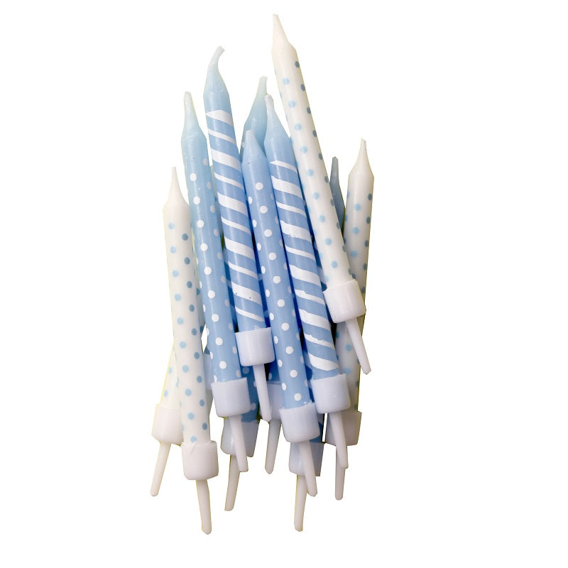 Baby Blue & White Birthday Candles Polka Dot & Stripe Pack of 12 | Party Save Smile