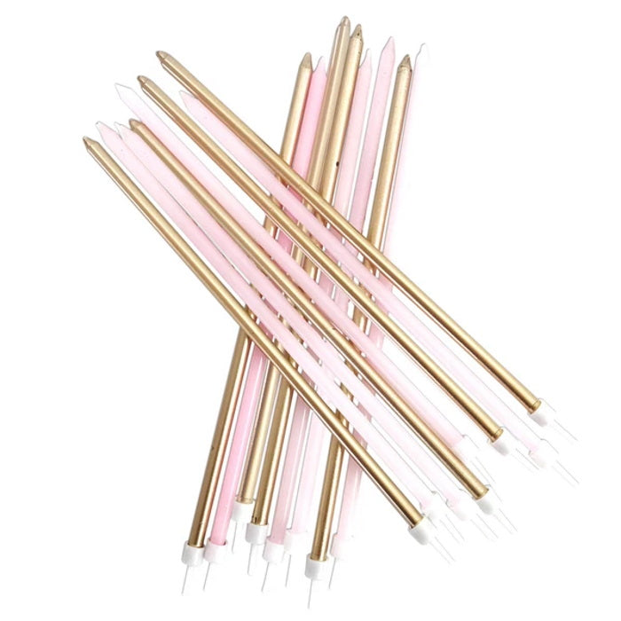 Pink & Gold Extra Long Cake Candles Pack of 16 | Party Save Smile
