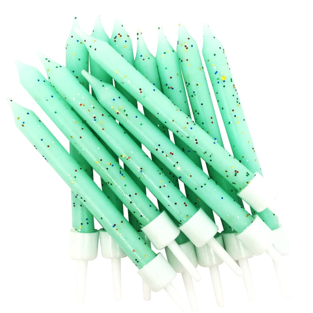 Mint Green Glitter Cake Candles Decorations Pack of 12 | Party Save Smile