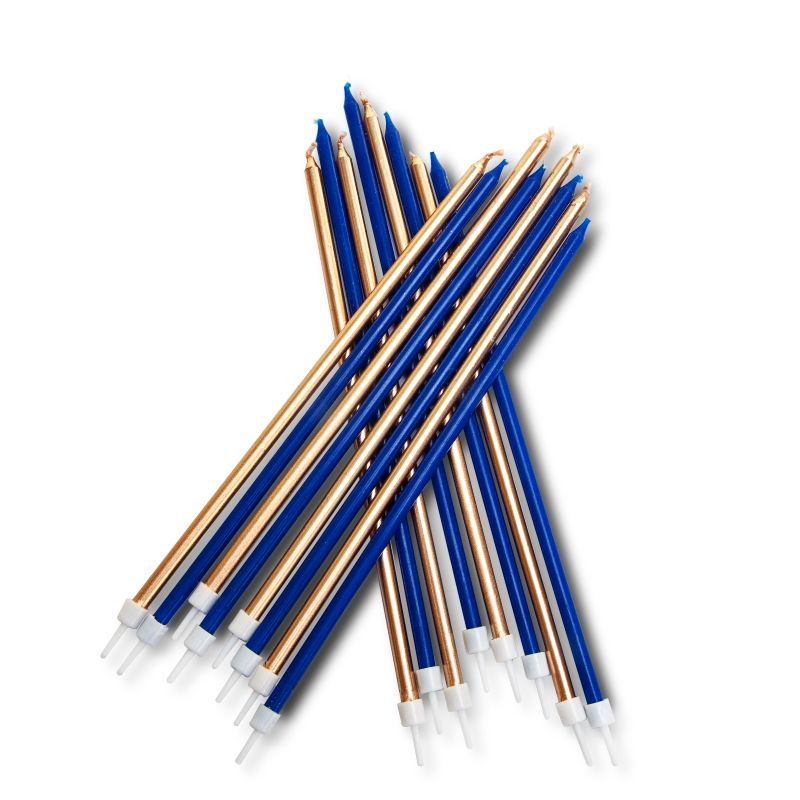Blue and Gold Candles for Cake - Extra Tall Pack of 16 | Party Save Smile