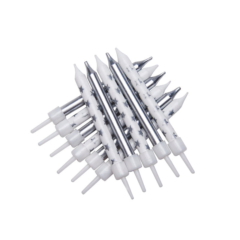 Silver Metallic Star Birthday Candles Pack of 12 | Party Save Smile