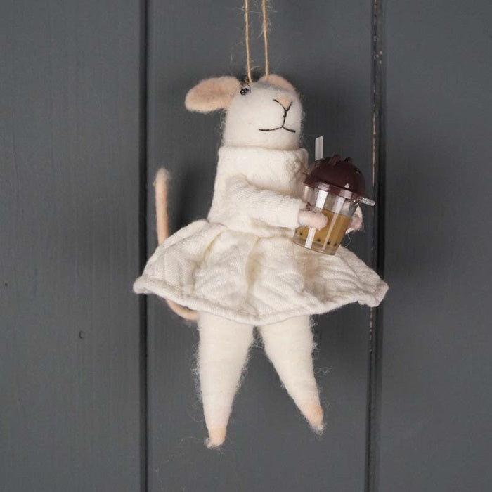 Hanging Felt Mouse with Coffee Travel Mug (11cm) | Party Save Smile