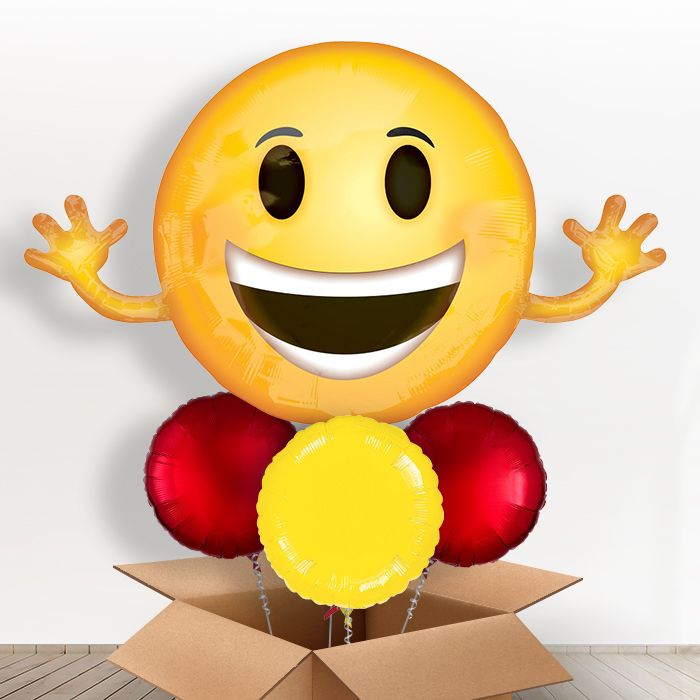 Giant Smiling Emoji Helium Balloon in a Box - With 3 Plain Balloons | Party Save Smile