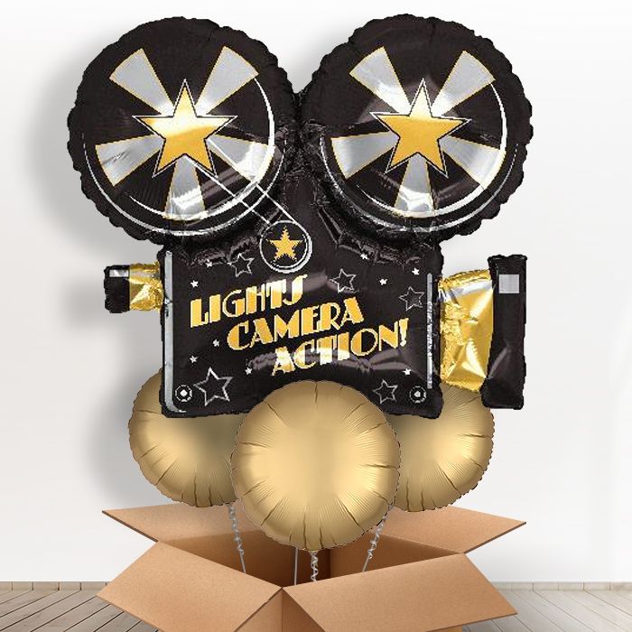 Giant Movie Camera Helium Balloon in a Box - With 3 Themed Balloons | Party Save Smile
