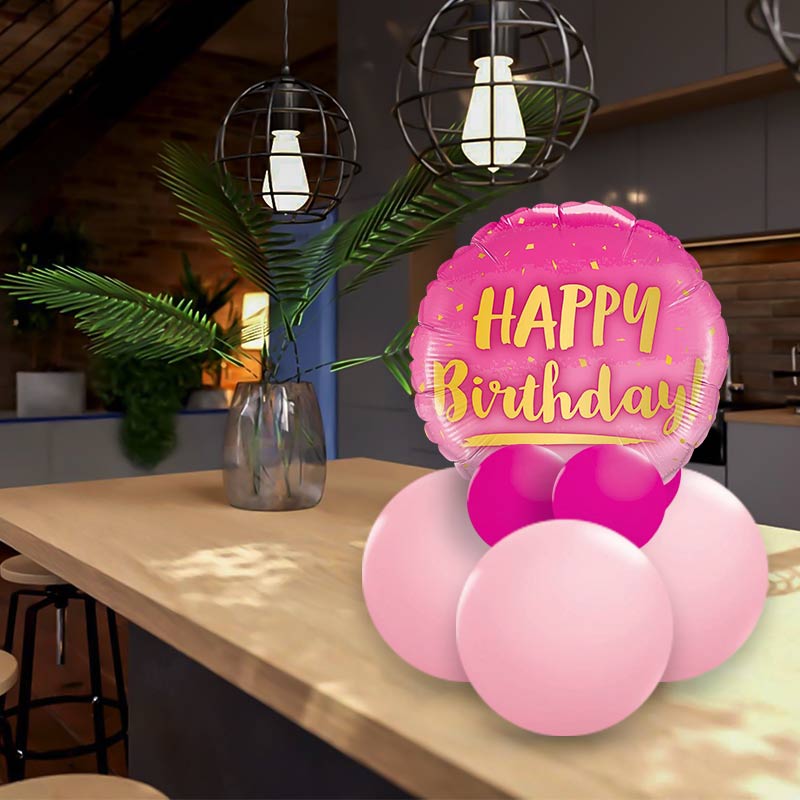 Pink and Gold Happy Birthday Balloon Table Decoration - Air Filled Centrepiece | Party Save Smile