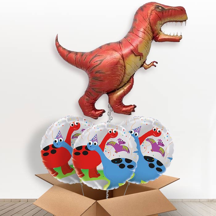Red Helium Balloon Dinosaur T-Rex in a Box - With 3 Themed Balloons | Party Save Smile