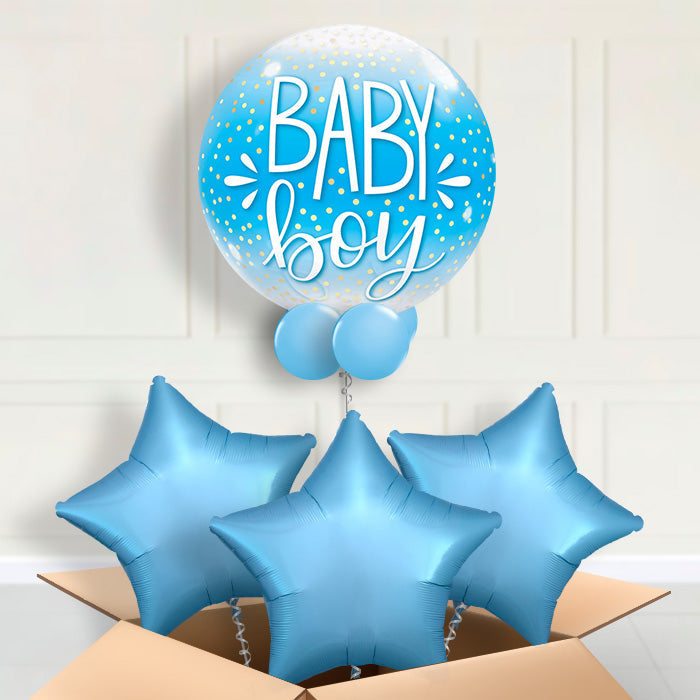 Baby Boy Bubble Helium Balloon in a Box - Bubble Balloon with 3 Balloons | Party Save Smile