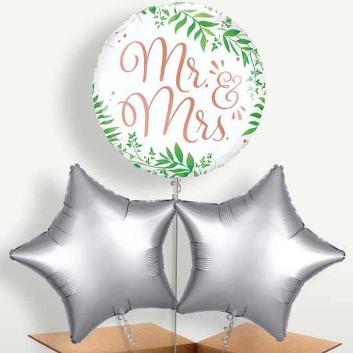 Rose Gold Mr & Mrs Trio Balloon Bunch inflated with Helium | Party Save Smile