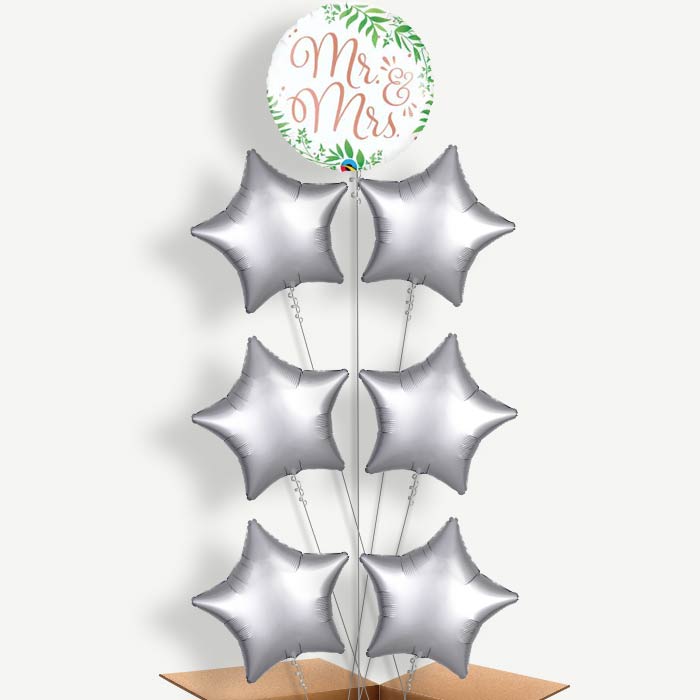 Rose Gold Mr & Mrs Balloon Arrangement Inflated with Helium | Party Save Smile