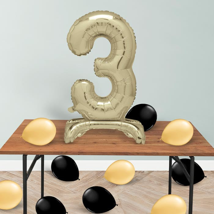 Gold Number 3 Birthday Inflated Standing Balloon Decoration - Number 3 | Party Save Smile
