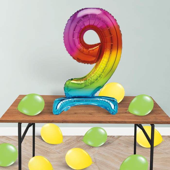 Rainbow Number 9 Birthday Inflated Standing Balloon Decoration - Number 9 | Party Save Smile