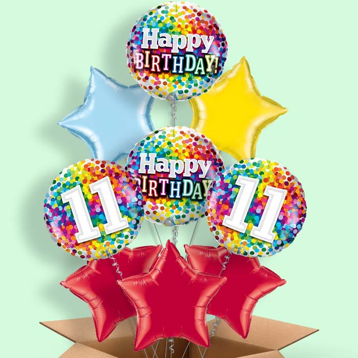 Colourful 11th Birthday Helium Balloons in a Box - 9 Balloon | Party Save Smile