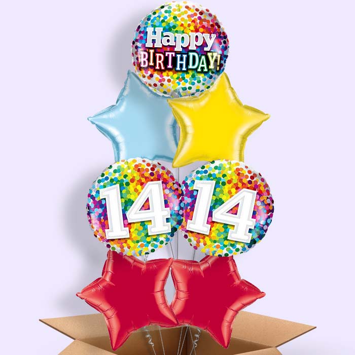 Rainbow Dots 14th Birthday Helium Balloons in a Box - 7 Balloon | Party Save Smile