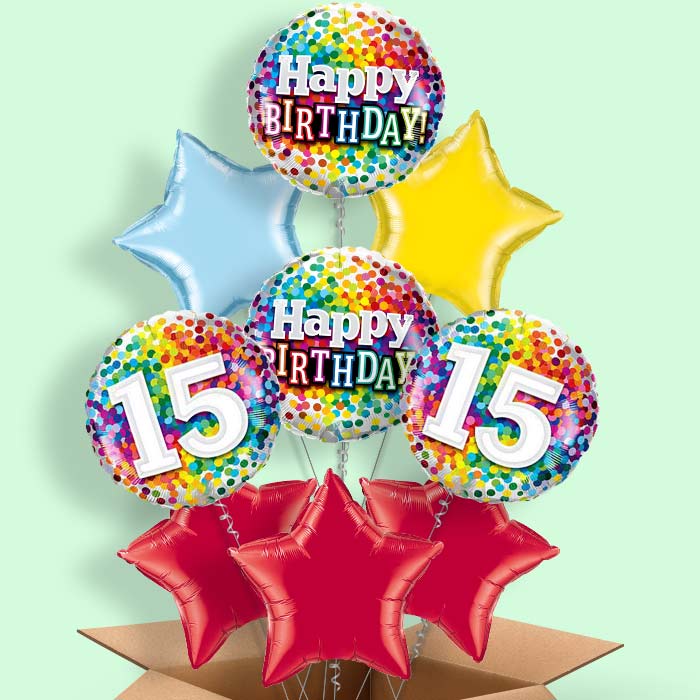 Rainbow Confetti 15th Birthday Helium Balloons in a Box - 9 Balloon | Party Save Smile