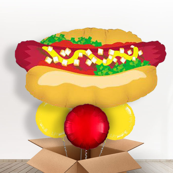 Hot Dog Helium Balloons in a Box - With 3 Themed Balloons | Party Save Smile