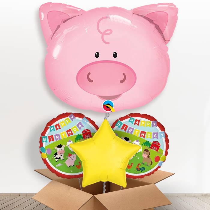 Giant Pig Helium Balloon in a Box Gift-1 x Giant Balloon and 2 Themed Balloons and 1 Plain Balloon