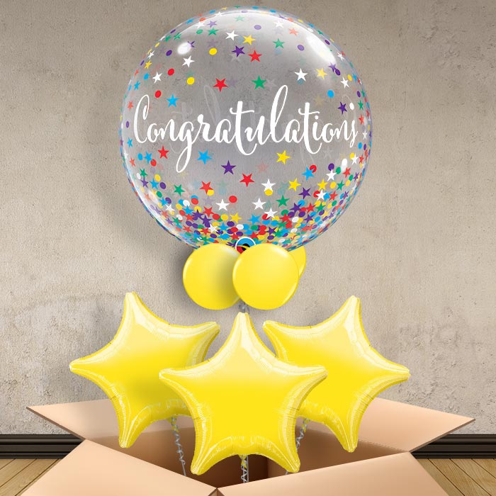 Congratulations Stars Bubble Balloon in a Box - Bubble Balloon with 3 Balloons | Party Save Smile