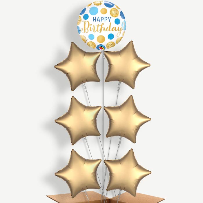 Happy Birthday Blue & Gold Helium Balloon Arrangement | Party Save Smile