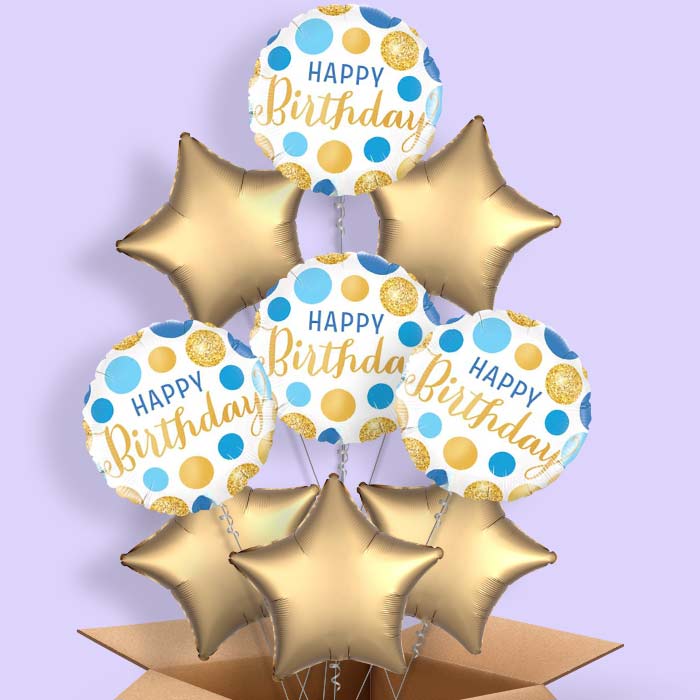 Happy Birthday Blue and Gold Helium Balloons in a Box! - 9 Balloon | Party Save Smile