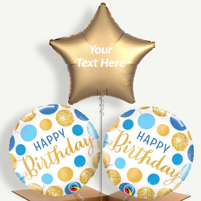 Personalisable Happy Birthday Blue & Gold Helium Balloons | Party Save Smile