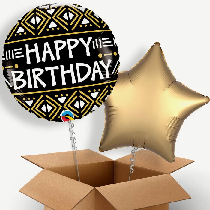 Mud Cloth Print Happy Birthday Helium Balloon Pair | Party Save Smile