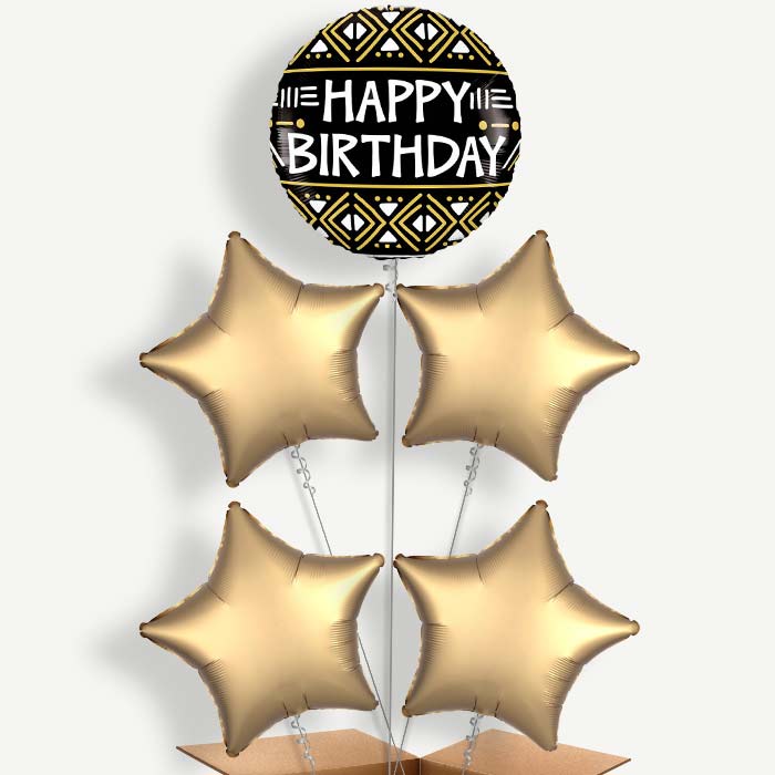 Mud Cloth Print Happy Birthday Helium Cluster Balloons | Party Save Smile
