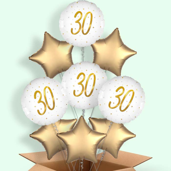 White and Gold 30th Birthday Helium Balloons Delivered - 9 Balloons | Party Save Smile