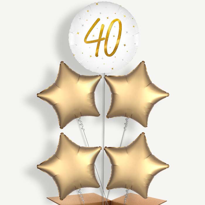 White and Gold 40th Birthday 5 Helium Cluster Balloons | Party Save Smile