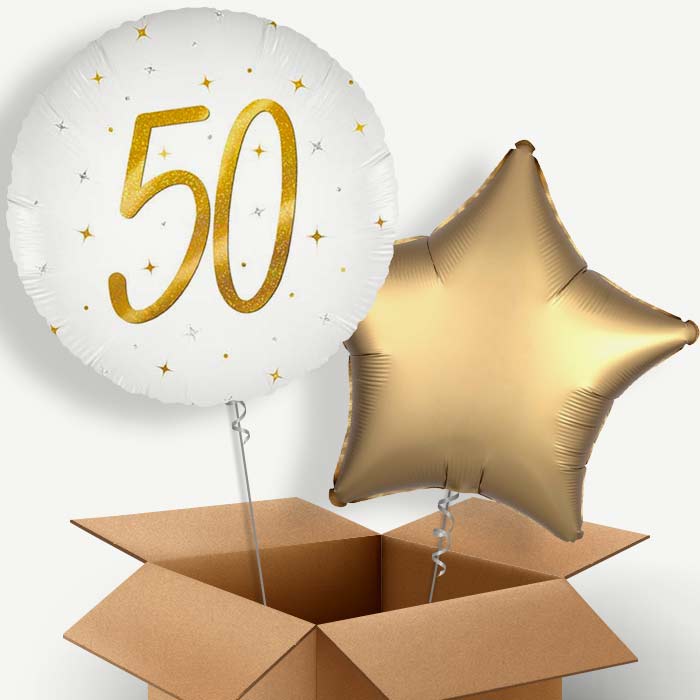 White and Gold 50th Birthday Helium Balloon Two | Party Save Smile