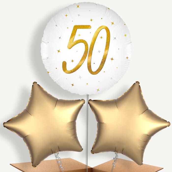 White and Gold 50th Birthday Bunch of Balloons (Trio) | Party Save Smile