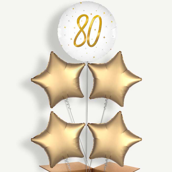 White and Gold 80th Birthday 5 Helium Cluster Balloons | Party Save Smile