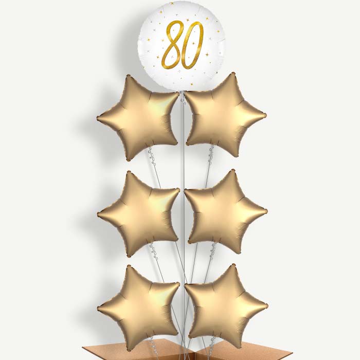 White and Gold 80th Birthday 7 Helium Balloon Arrangement | Party Save Smile