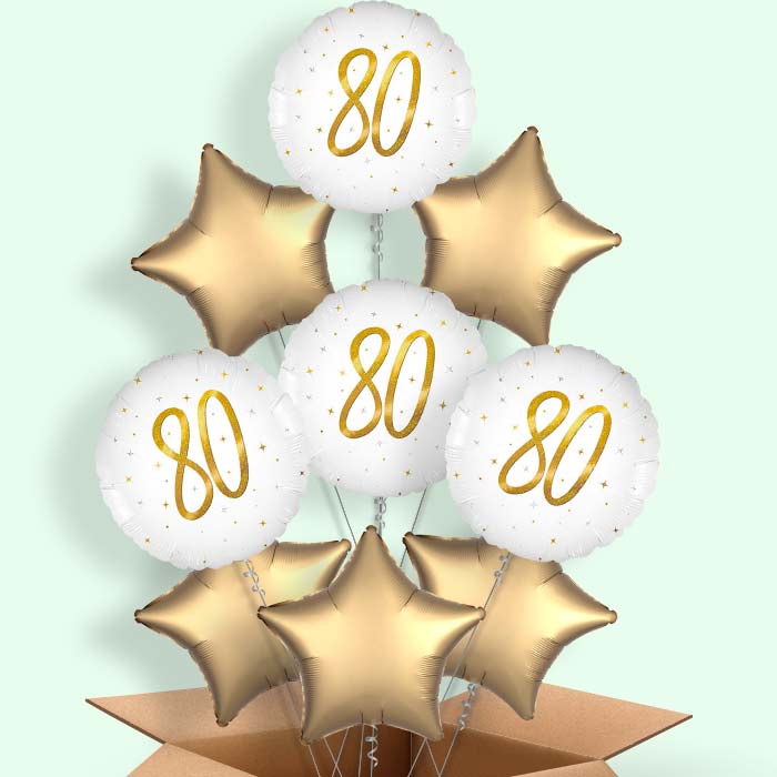 White and Gold 80th Birthday Helium Balloons Delivered - 9 Balloons | Party Save Smile