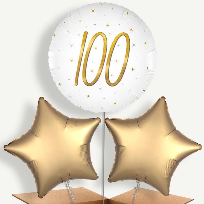 White and Gold 100th Birthday Bunch of Balloons (Trio) | Party Save Smile