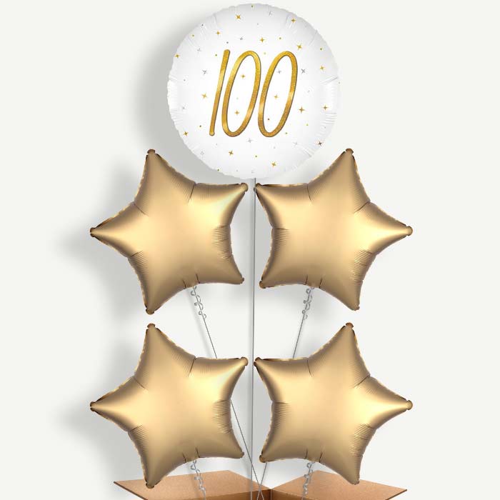 White and Gold 100th Birthday 5 Helium Cluster Balloons | Party Save Smile