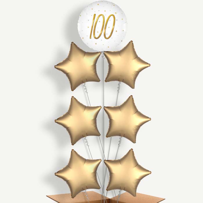 White and Gold 100th Birthday 7 Helium Balloon Arrangement | Party Save Smile